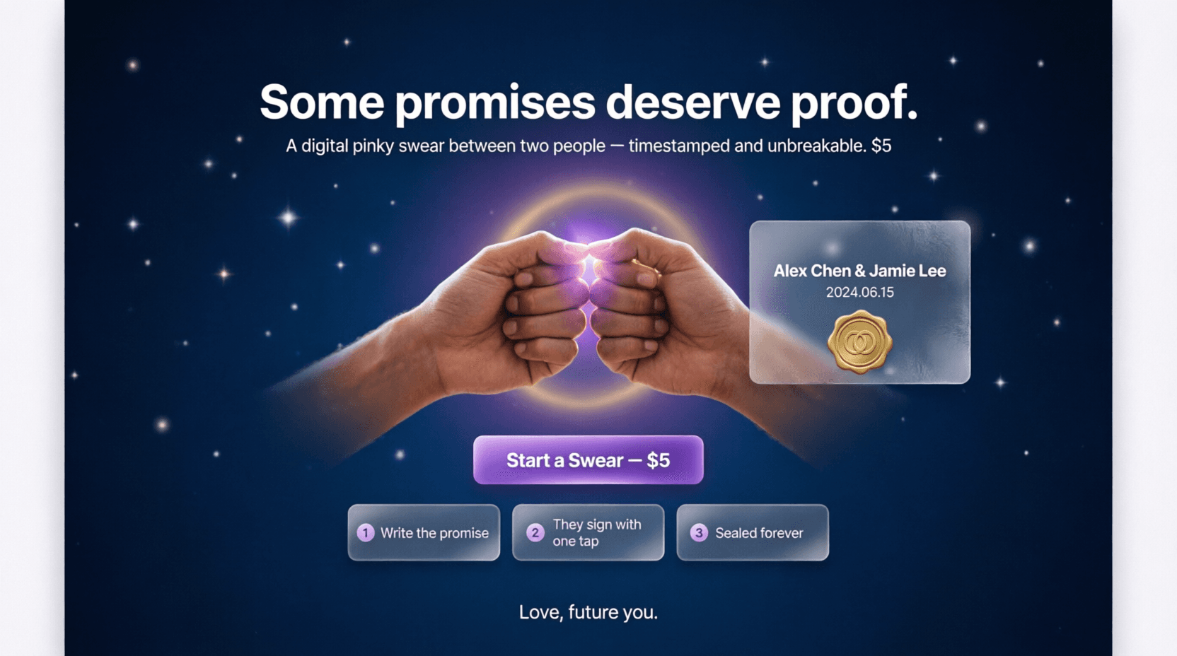 Two people completing a promise with a sealed certificate